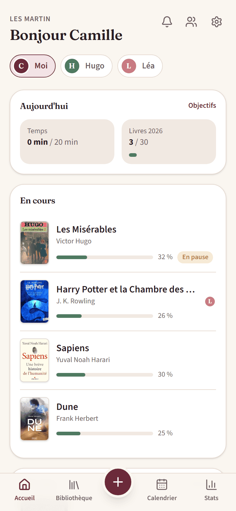 L'accueil de FamiBook : les lectures en cours de Camille, ses objectifs et les membres du foyer